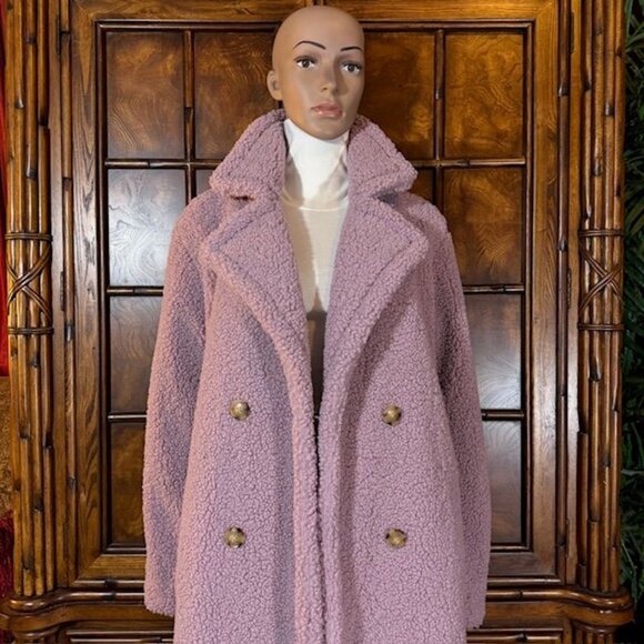 G by Giuliana Black Label Lavender Faux Shearling Teddy Double Breast Long Coat - Picture 6 of 10